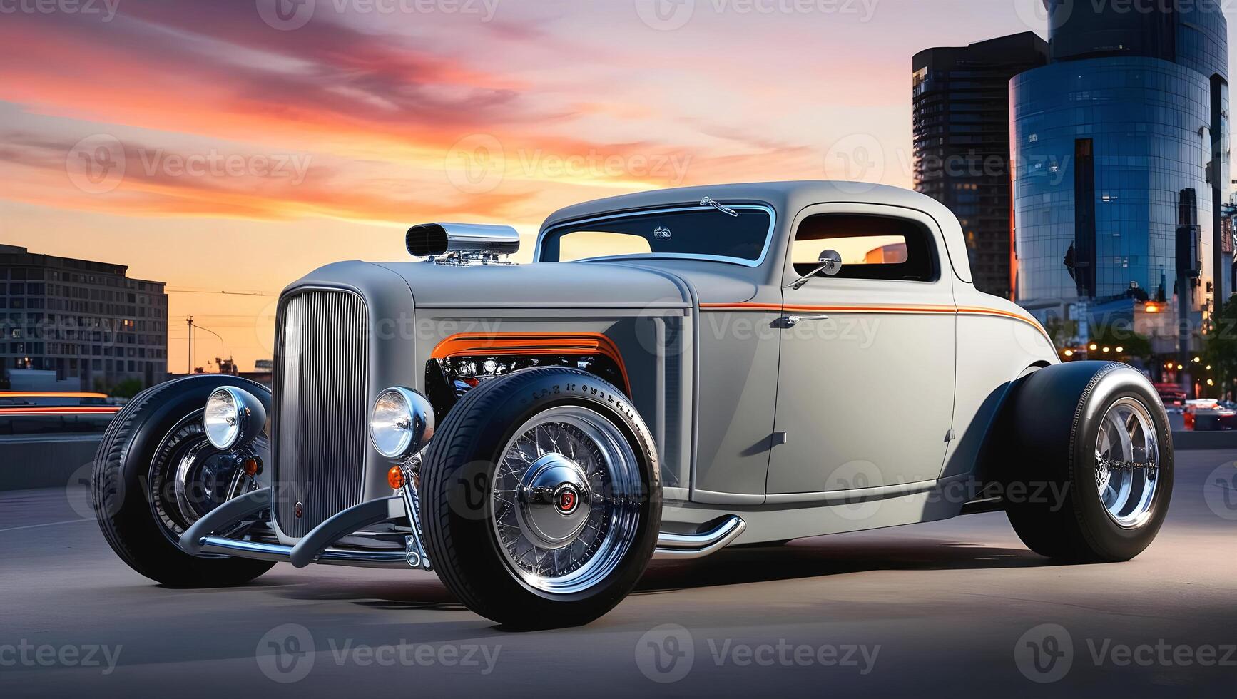 beautiful old timer hot rod vintage car at sunset, transport and vehicles, automotive background, auto mock up photo