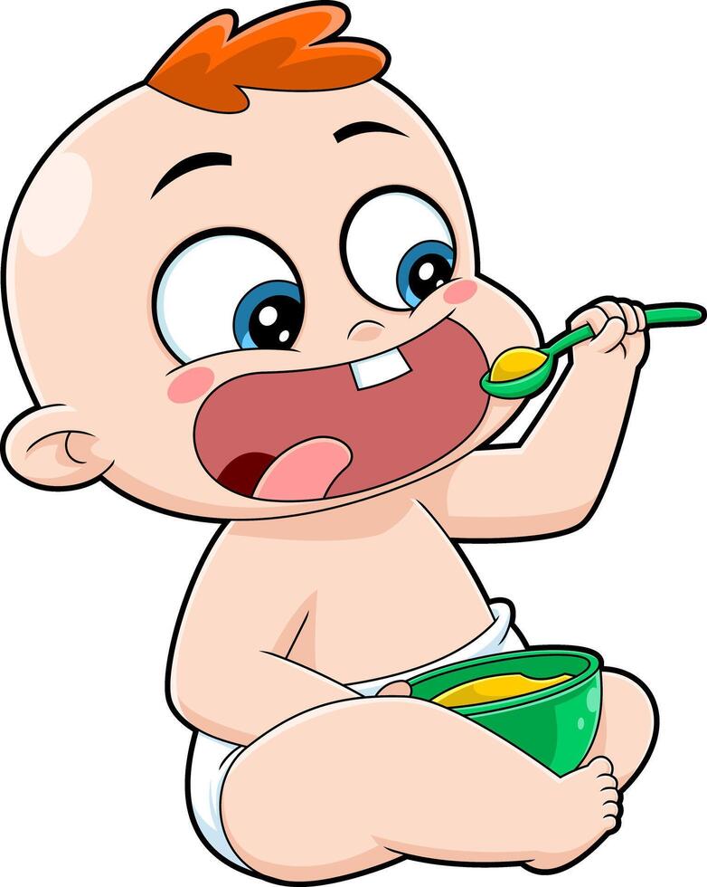 Cute Baby Boy Cartoon Character Eats With A Spoon From A Bowl vector