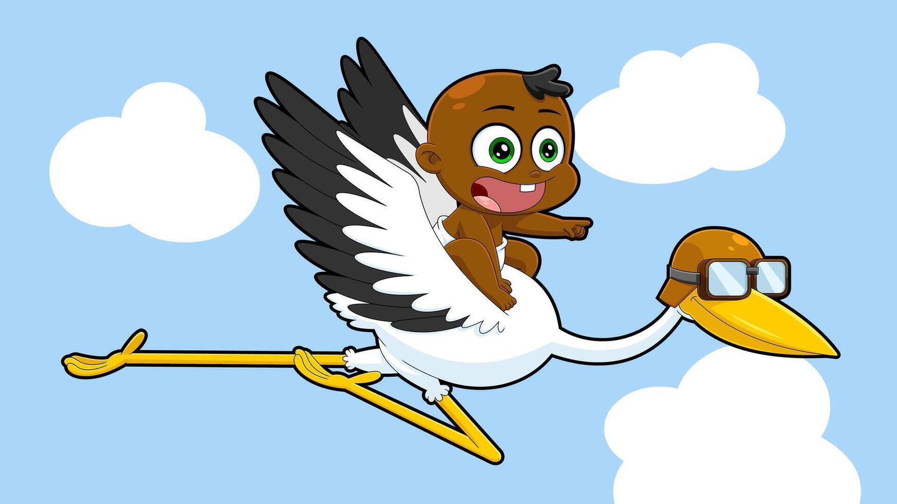 African American Baby Boy Flying On Top Of A Stork Cartoon Characters vector