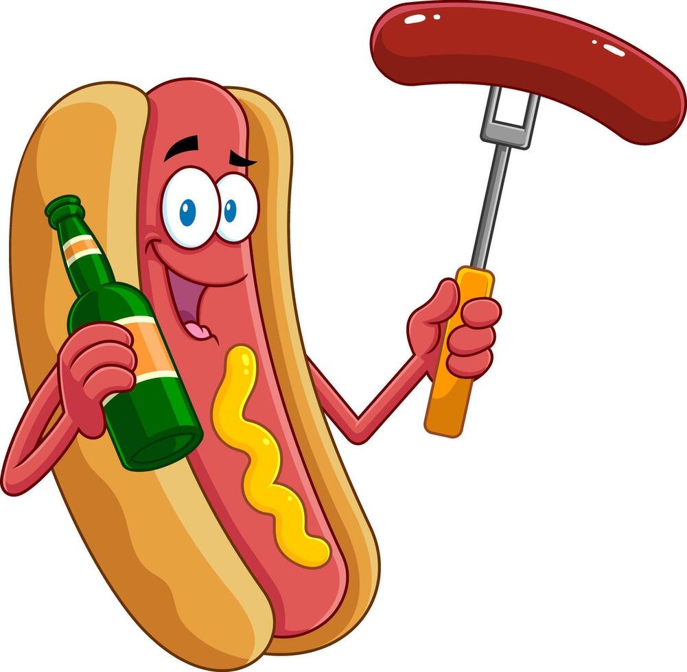 Smiling Hot Dog Cartoon Character Holding Beer And Sausage On A Fork vector