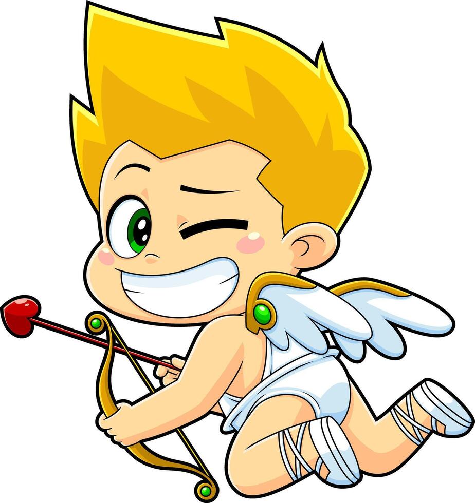 Chibi Cupid Baby Cartoon Character With Bow And Arrow Winking vector