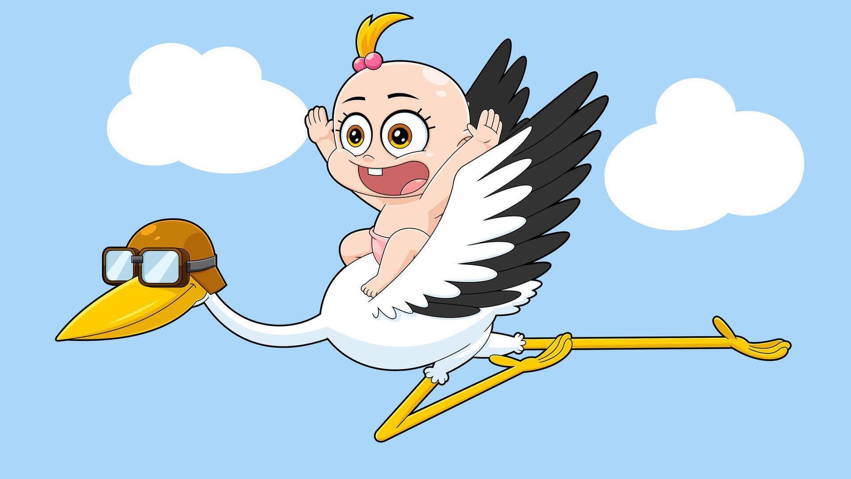 Cute Baby Girl Flying On Top Of A Stork Cartoon Characters vector