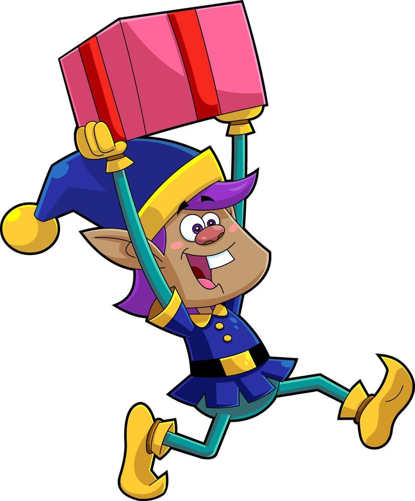 Santa's Little Black Elf Helper Cartoon Character Runs With Gift Box vector