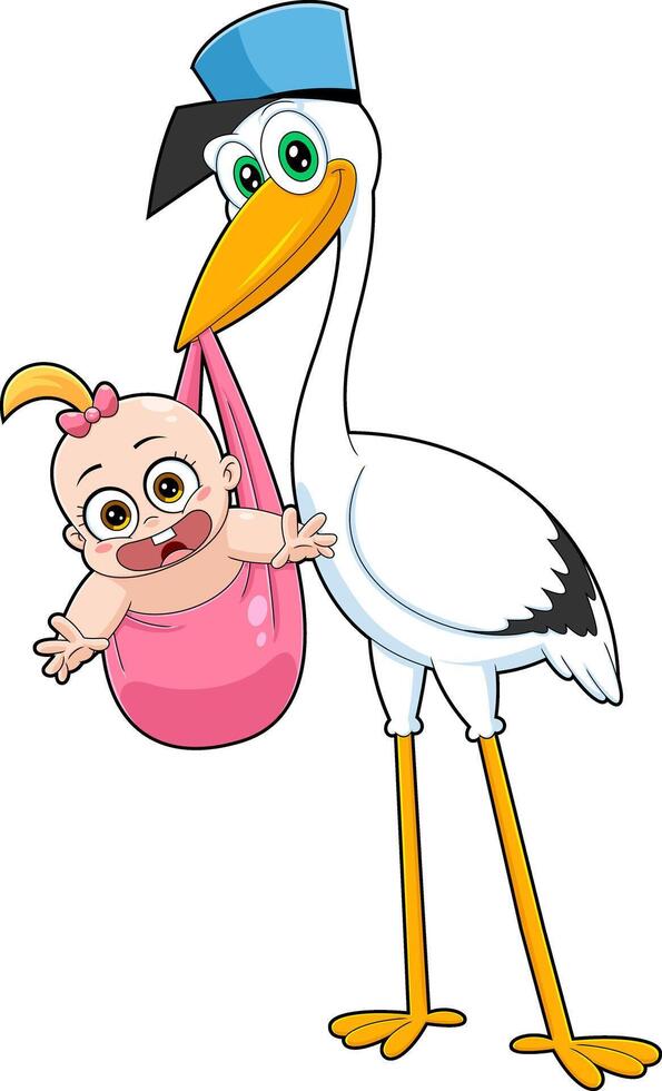 Stork Delivering A Baby Girl Cartoon Characters vector