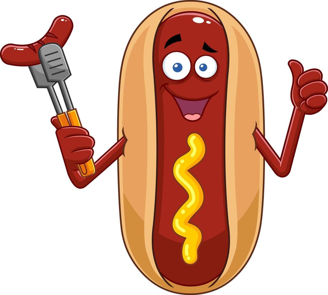 Smiling Hot Dog Cartoon Character Holding A Sausage On A Fork vector