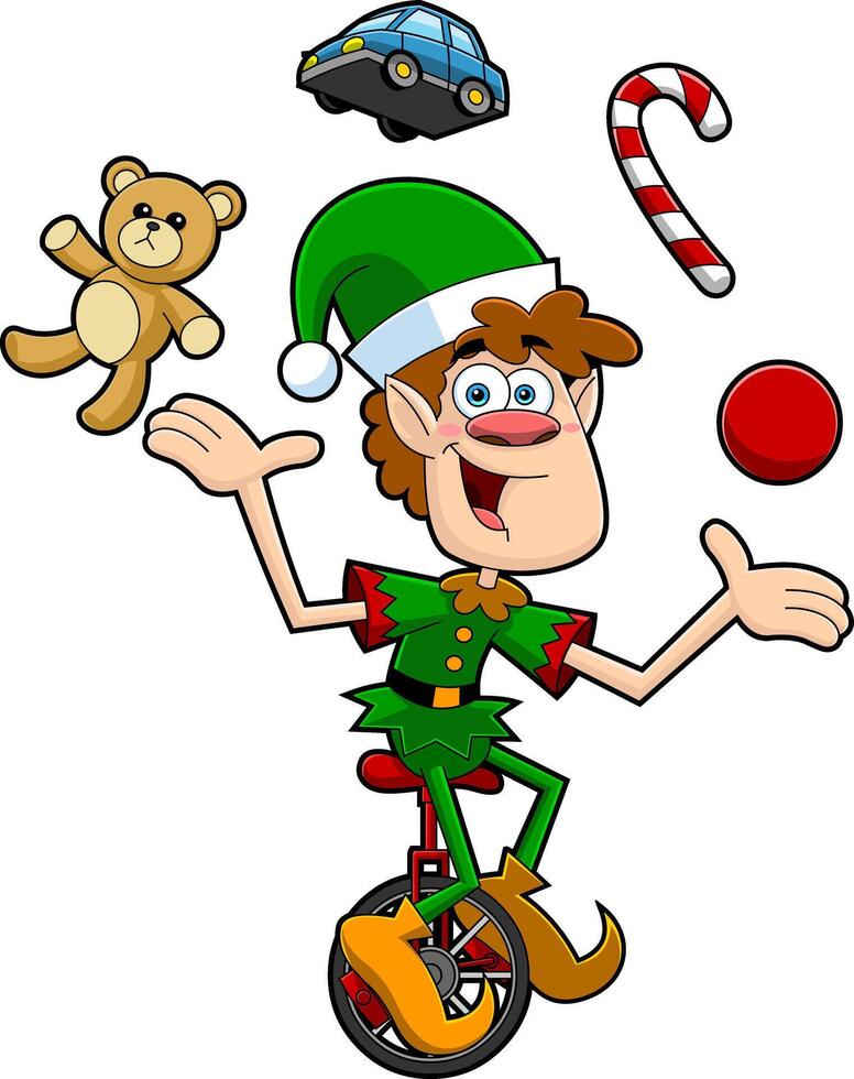 Santa's Elf Helper Cartoon Character Juggling With Toys And Riding One Wheel Bike vector