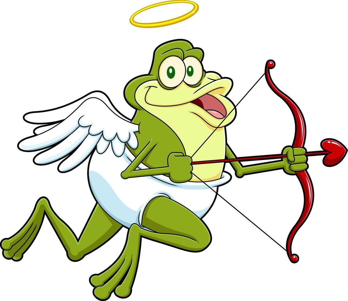 Funny Frog Cupid Cartoon Character With Bow And Arrow Flying vector