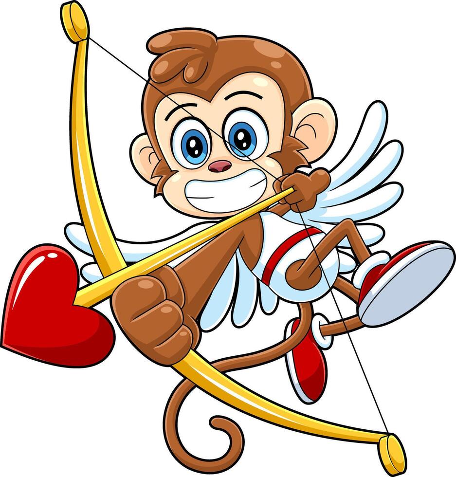 Funny Monkey Cupid Cartoon Character With Bow And Arrow Flying vector