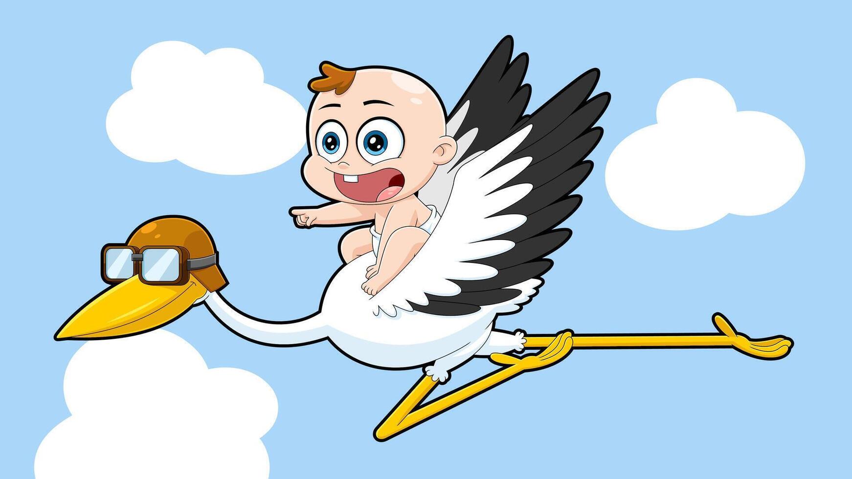 Cute Baby Boy Flying On Top Of A Stork Cartoon Characters vector