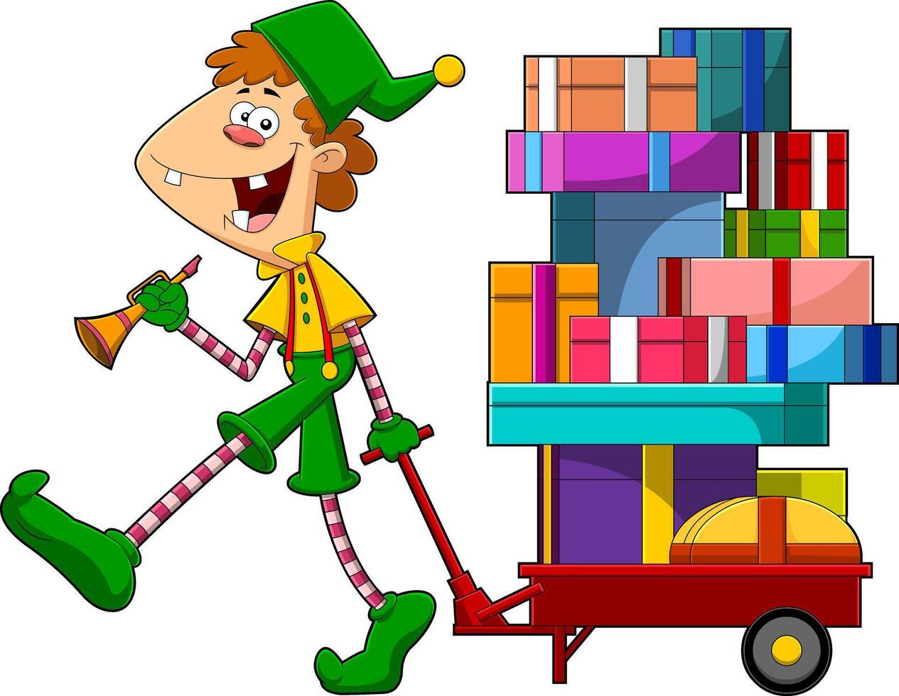 Santa's Little Elf Helper Cartoon Character Pulls A Cart With Gift Boxes vector