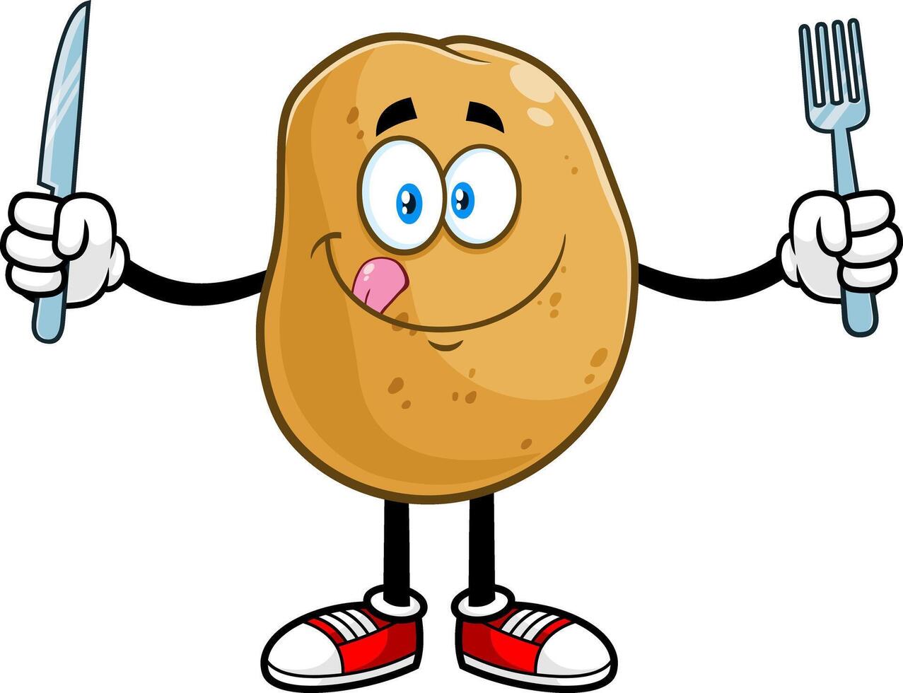 Hungry Potato Cartoon Character Licking His Lips And Holding Silverware vector