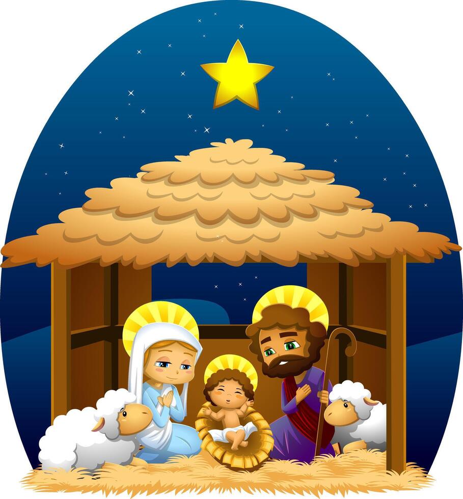 A Christmas Nativity Scene With Baby Jesus, Mary, And Joseph vector