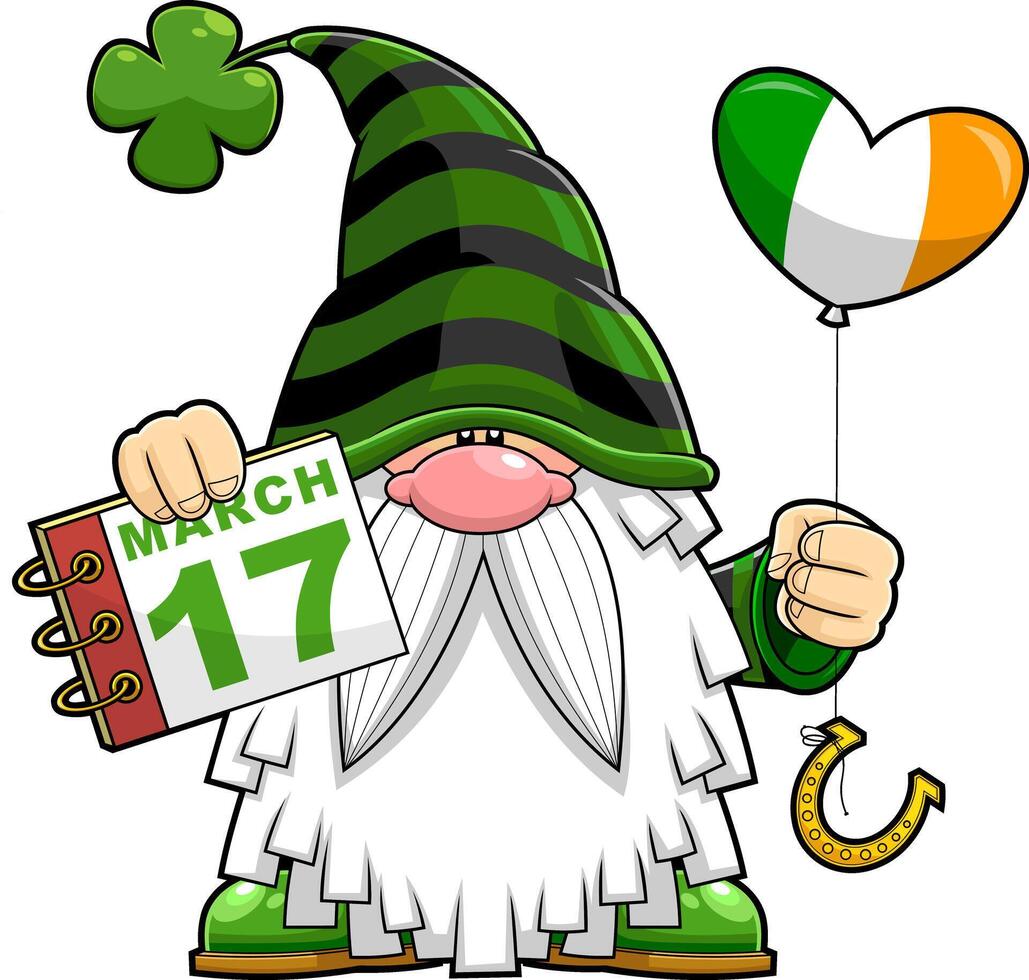 St. Patrick's Day Gnome Cartoon Character Holding A Calendar And Irish Heart Balloon vector