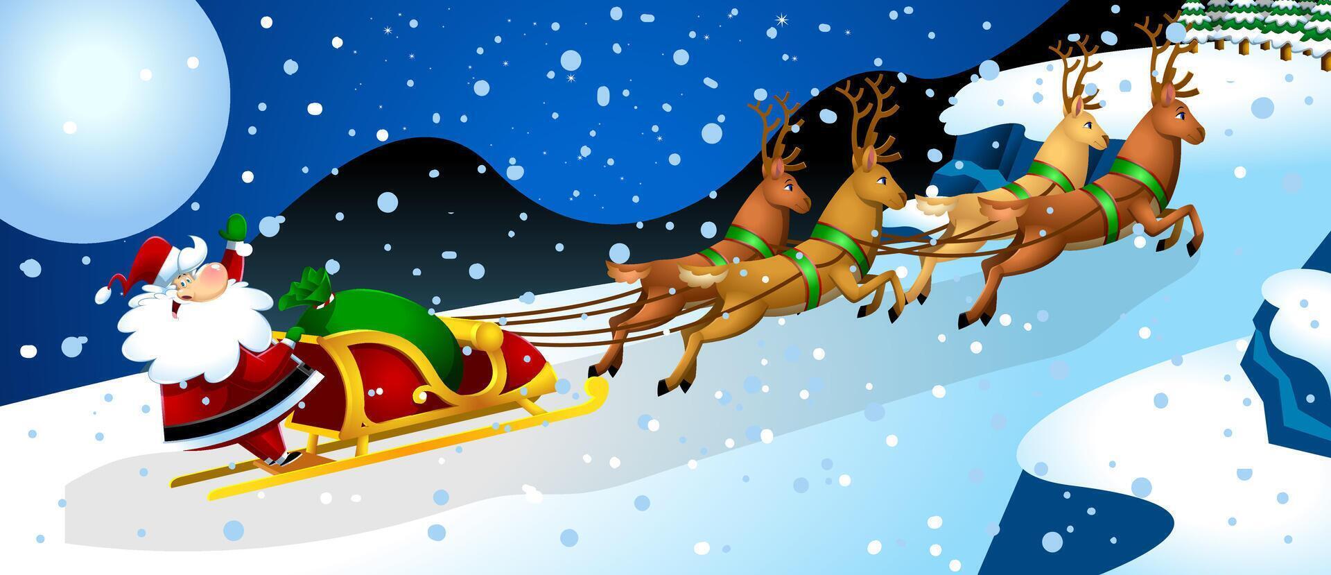 Happy Santa Claus Cartoon Character A Reindeers Flying In A Sleigh vector