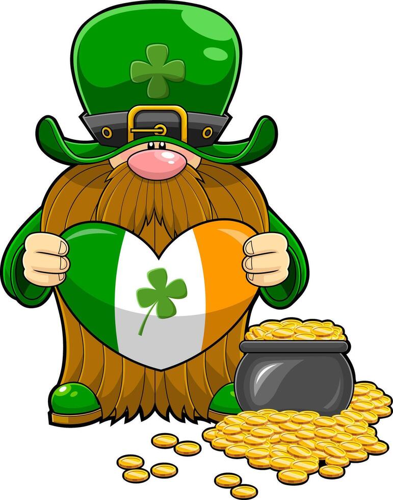 St. Patrick's Day Gnome Cartoon Character Holding A Irish Heart To Pot Full Of Gold vector