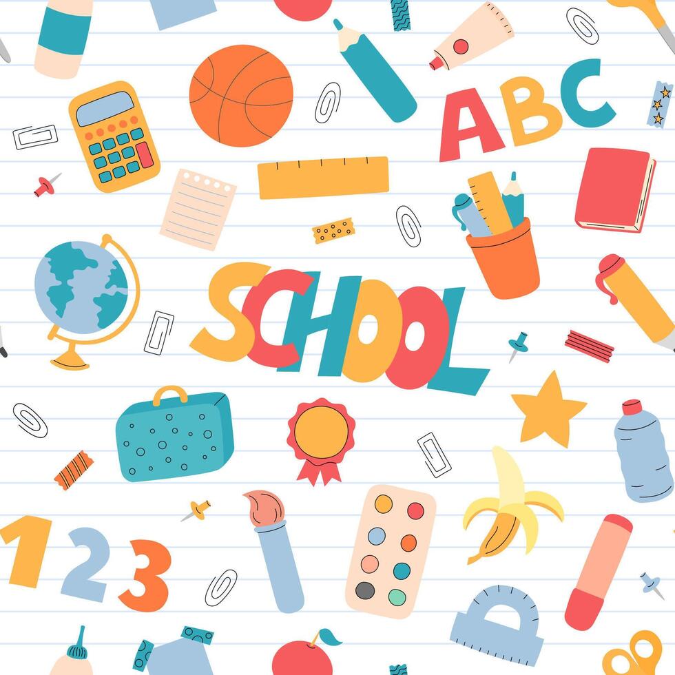 School supplies seamless pattern. background with cute educational elements. School objects, accessories, tools. Office stationery repeating illustration. vector