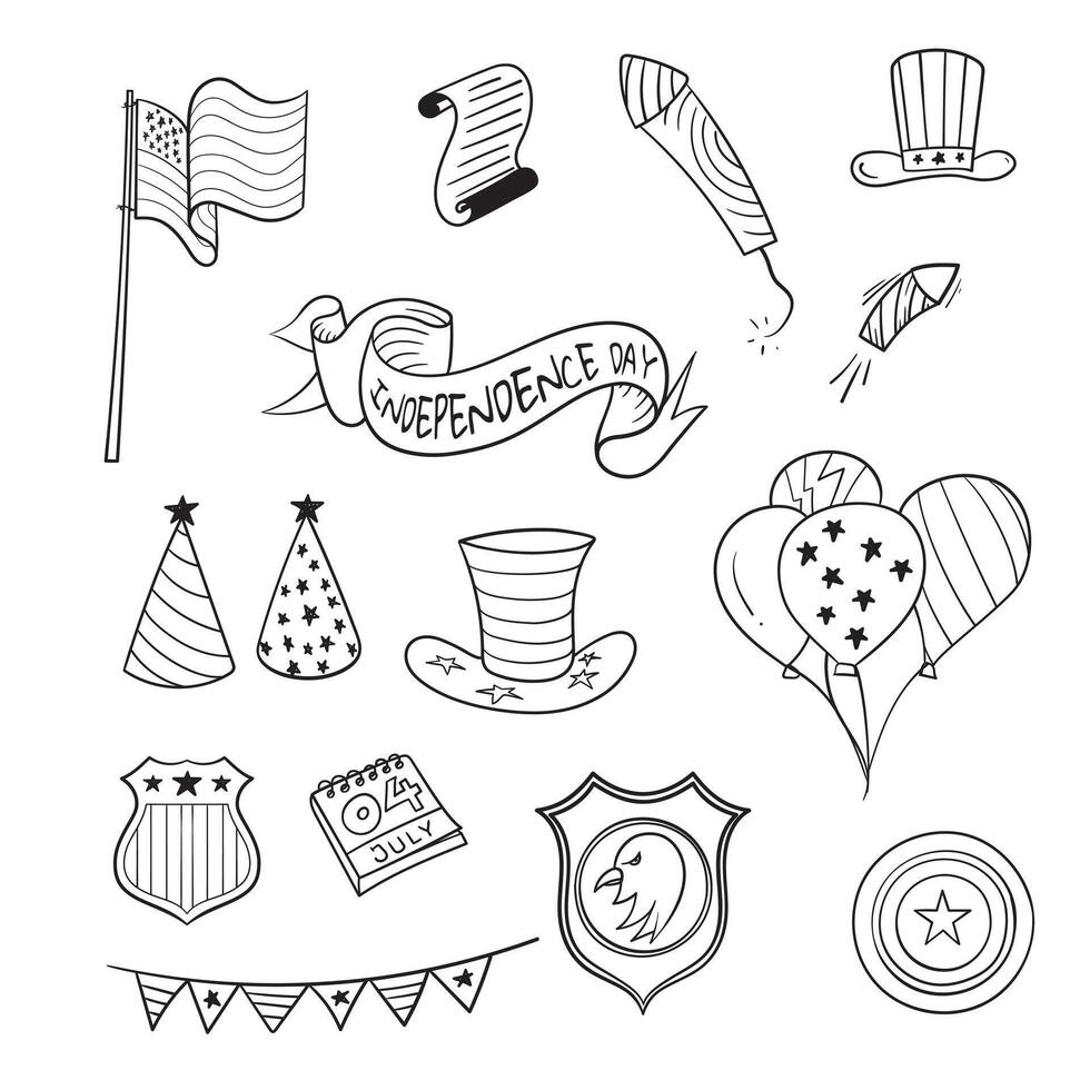 Quirky hand-drawn icons capture the fun of July 4th, featuring cartoon fireworks, flags, eagle head and others for celebrate at 4th of july design vector