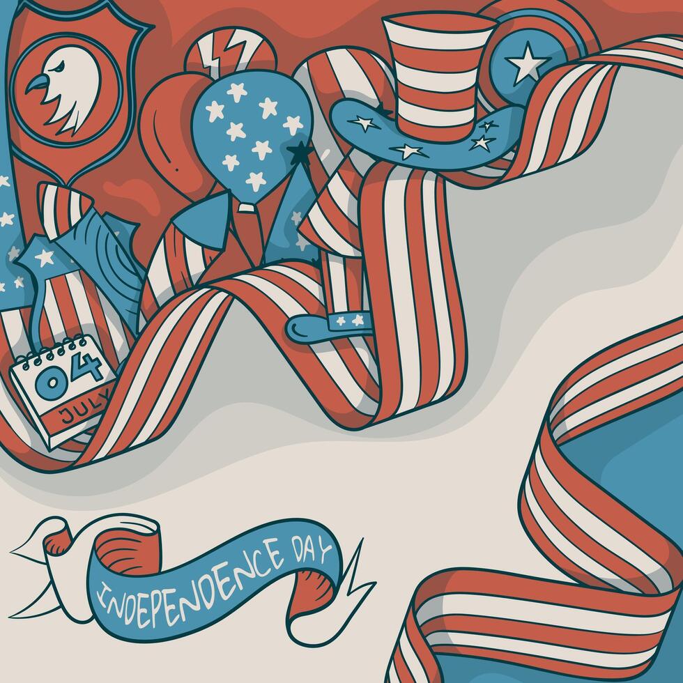 Festive 4th of July illustration with flag-patterned ribbons, star-and-stripes, and patriotic hats for American Independence Day celebration design vector