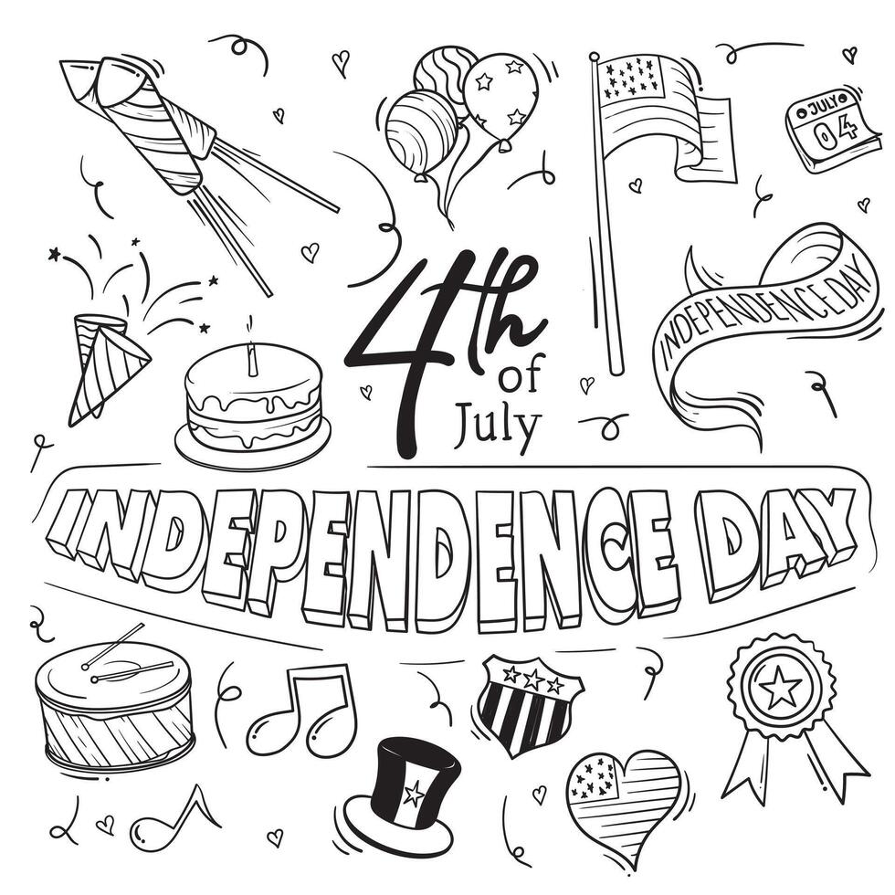 US Independence day icons in hand drawn doodle art design for independence day campaign template vector