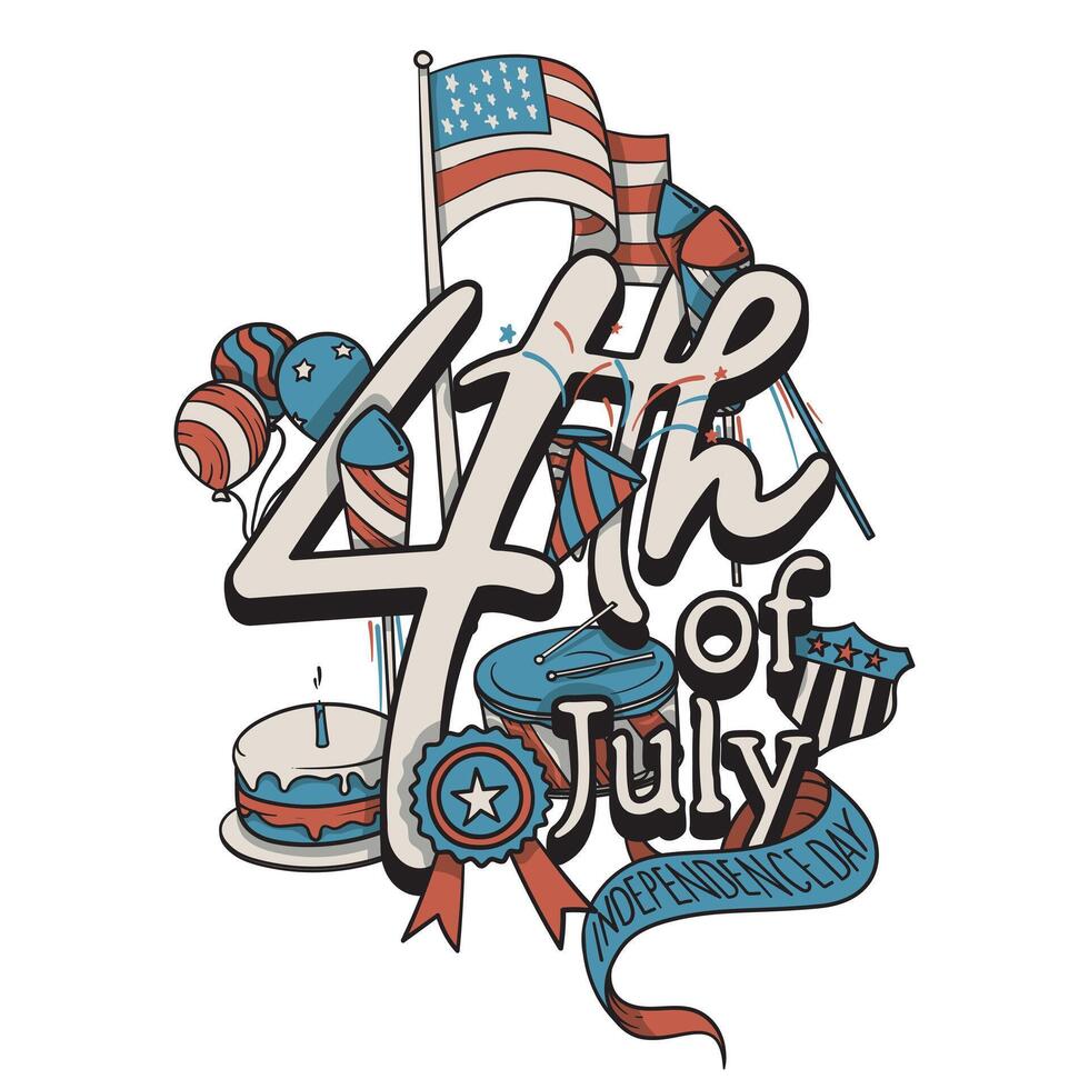 4th of july typography in red and blue design with celebrating icons in hand drawn for us independence day vector