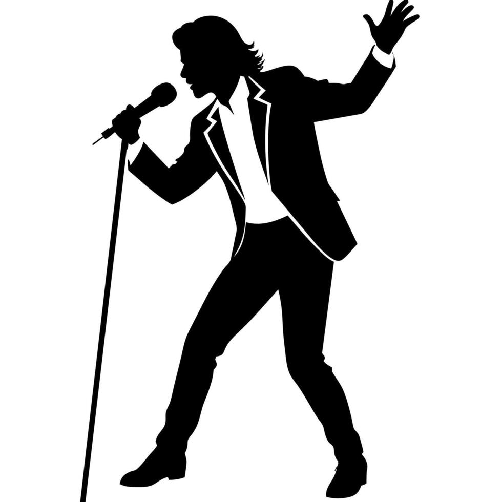 a singer dance pose with singing with holding microphone in front of mouth silhouette vector