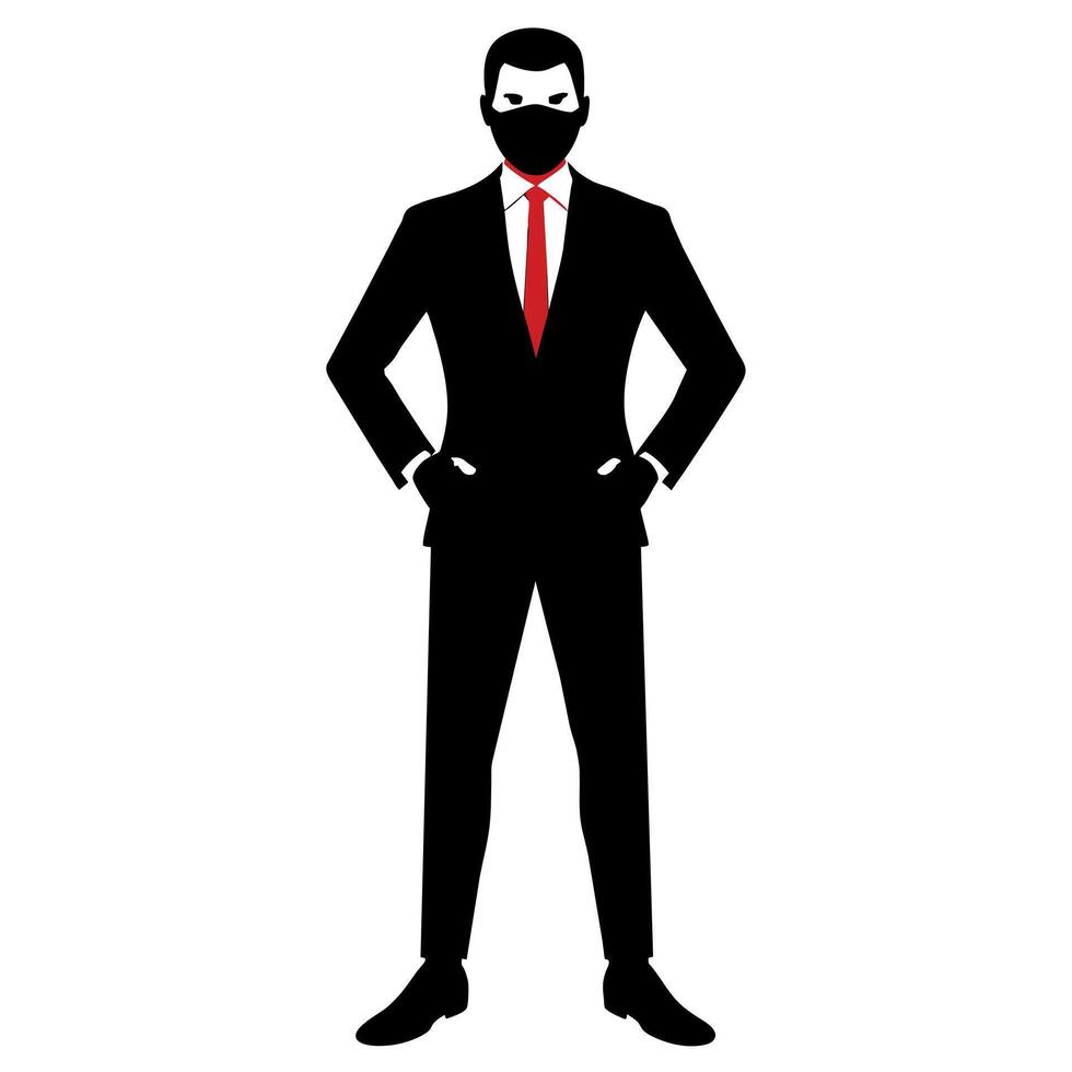 a business man stand with wearing mask on face black color silhouette vector