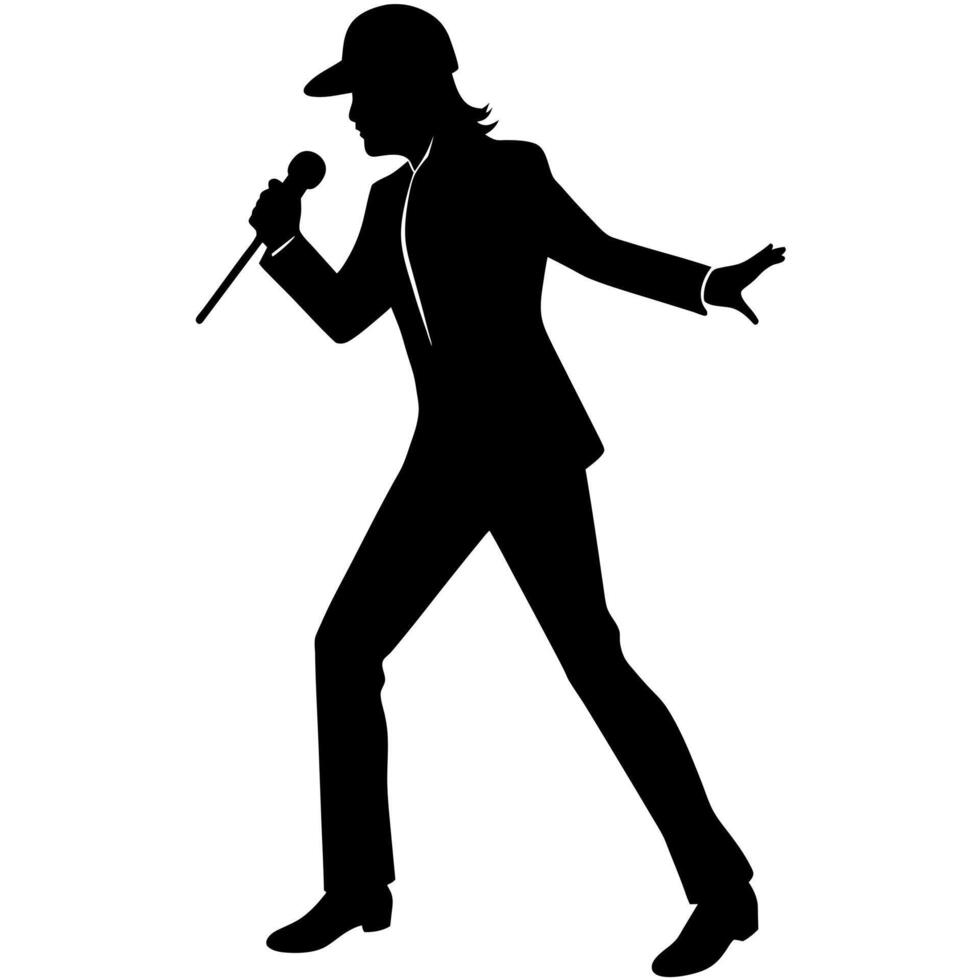a singer dance pose with singing with holding microphone in front of mouth silhouette vector