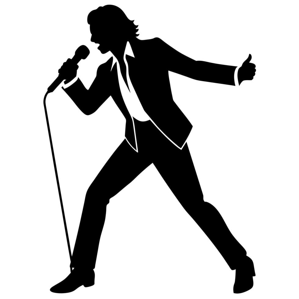 a singer dance pose with singing with holding microphone in front of mouth silhouette vector