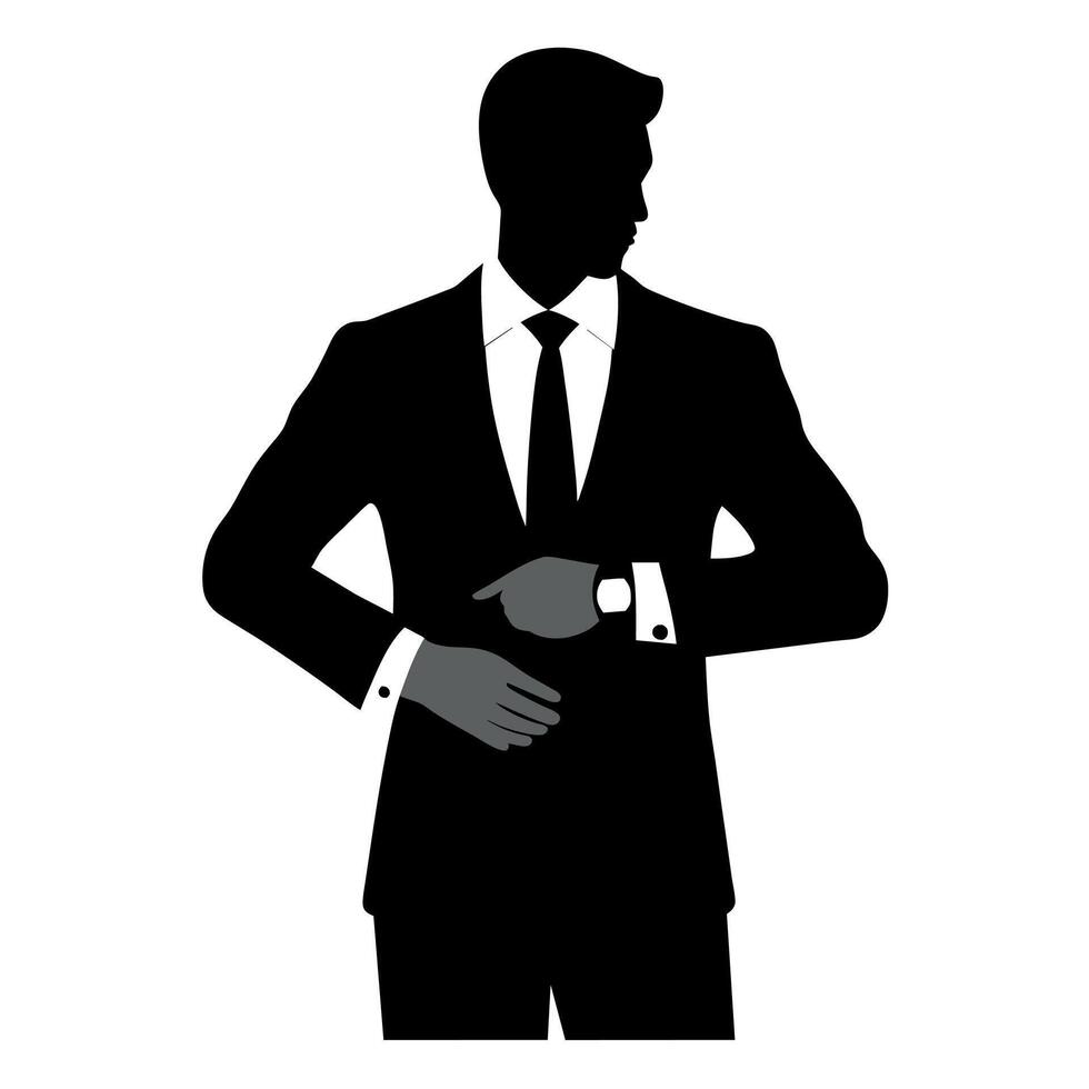 business man in a suit standing and checking time on the wristwatch silhouette, isolated white background vector