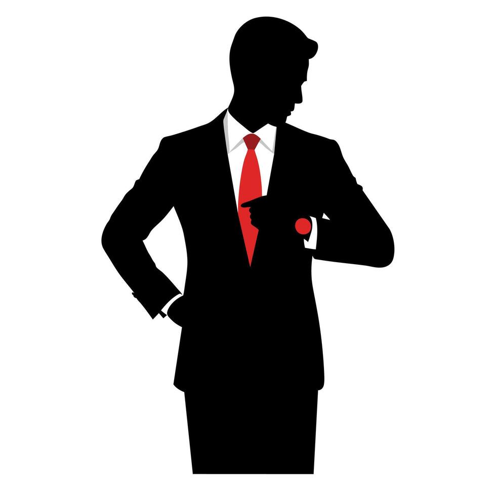 business man in a suit standing and checking time on the wristwatch silhouette, isolated white background vector