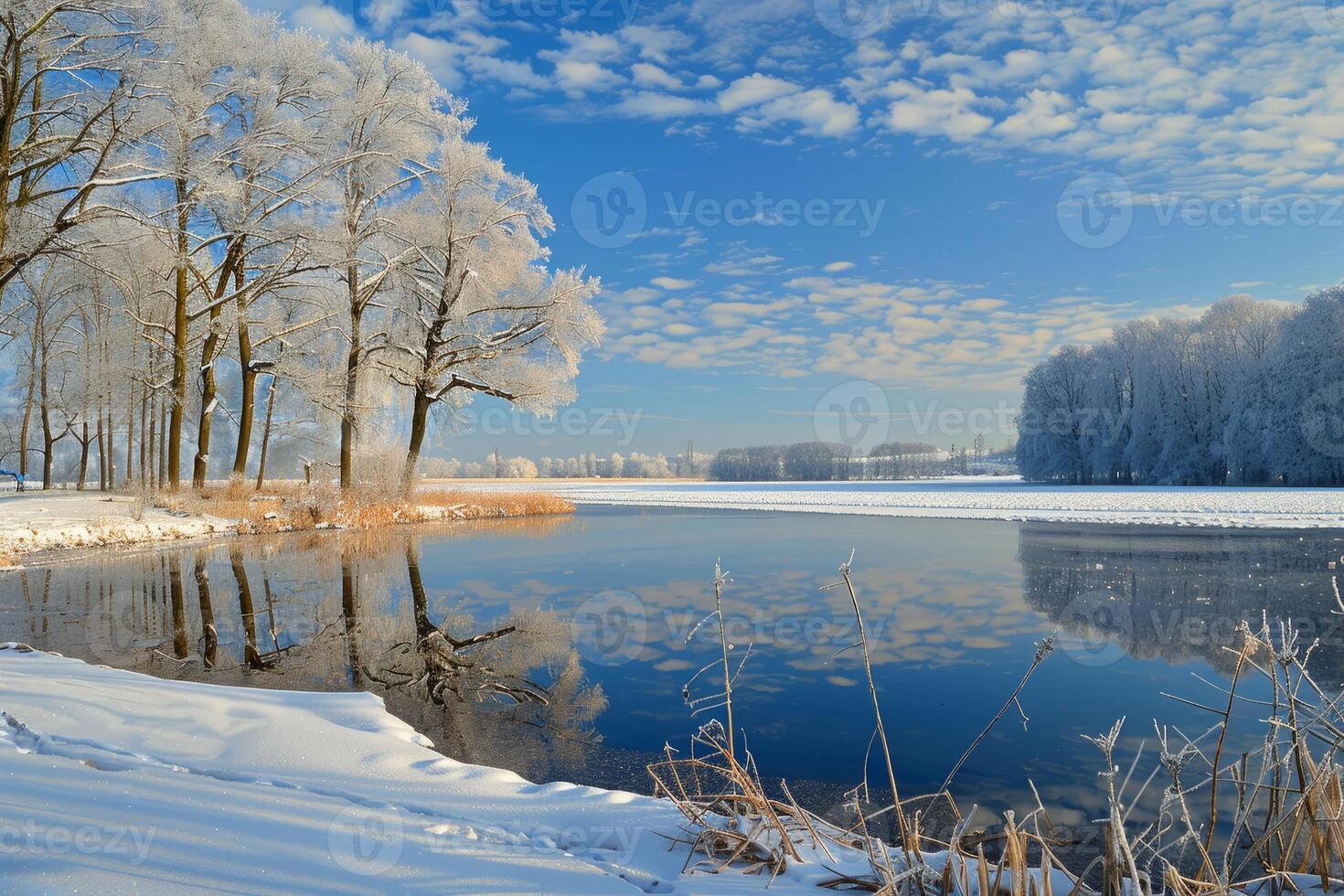 Snow covered trees reflecting on a calm lake under a bright blue sky photo