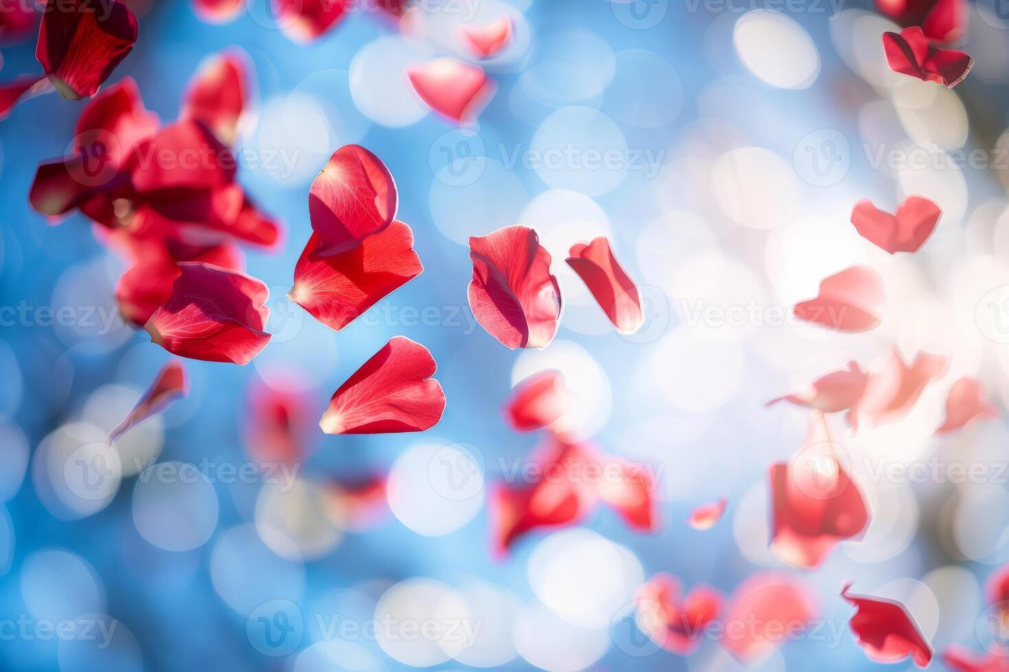 Floating red rose petals with a vibrant bokeh background photo