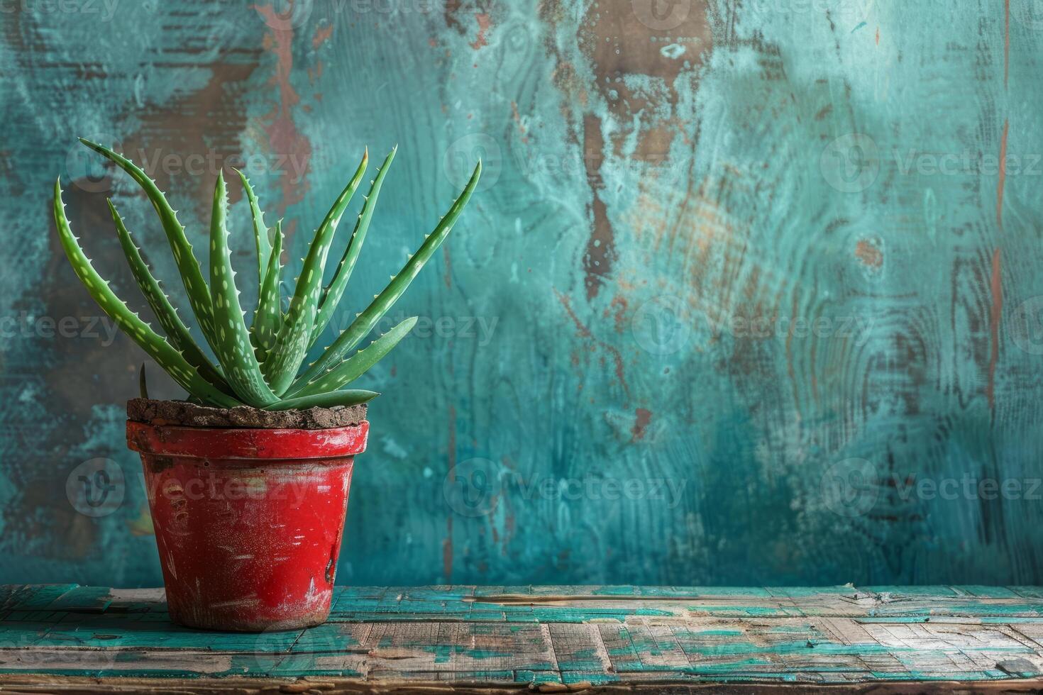 Vibrant aloe vera plant in a rustic red pot on a distressed wooden surface photo