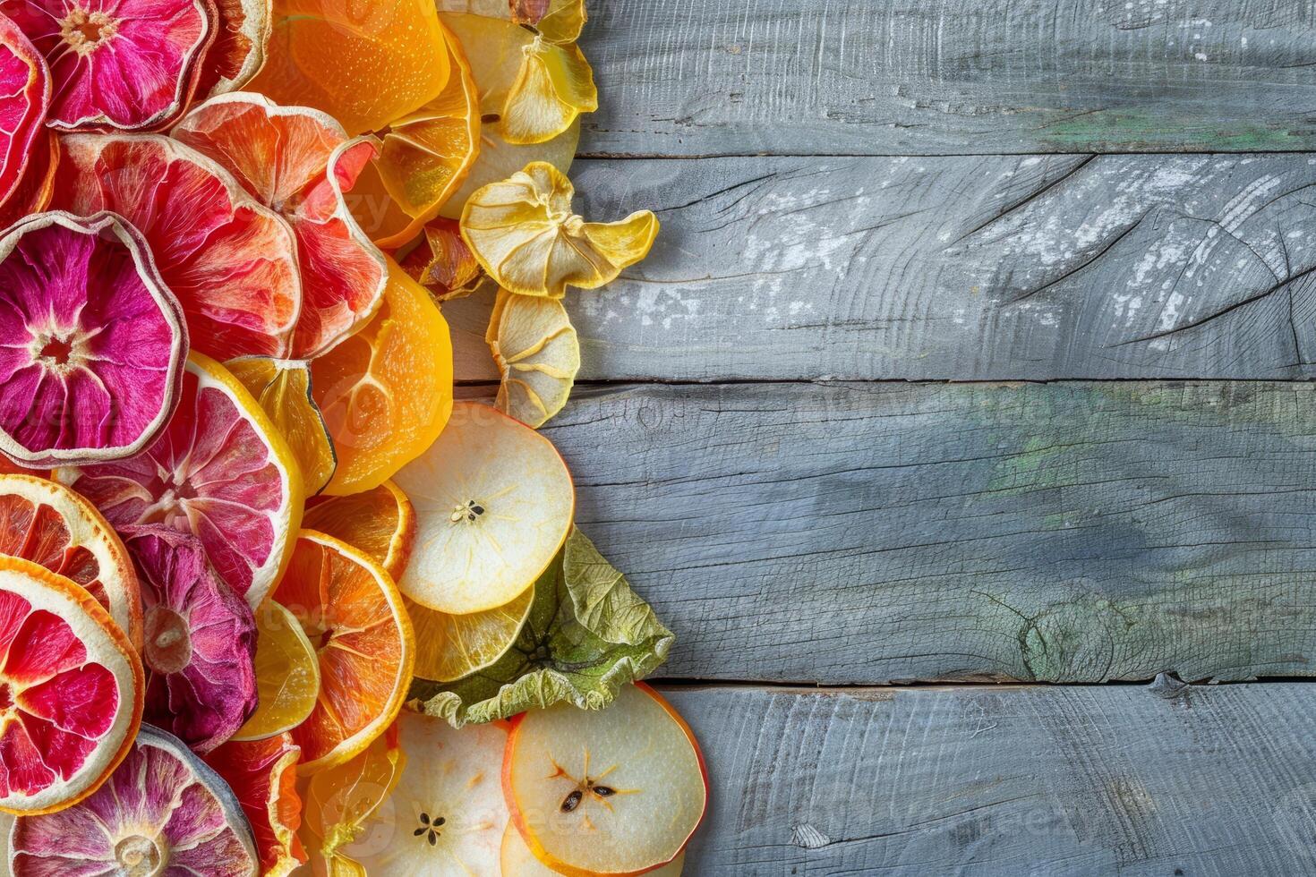 Colorful dried fruits including apples and citrus arranged on a rustic wooden background photo