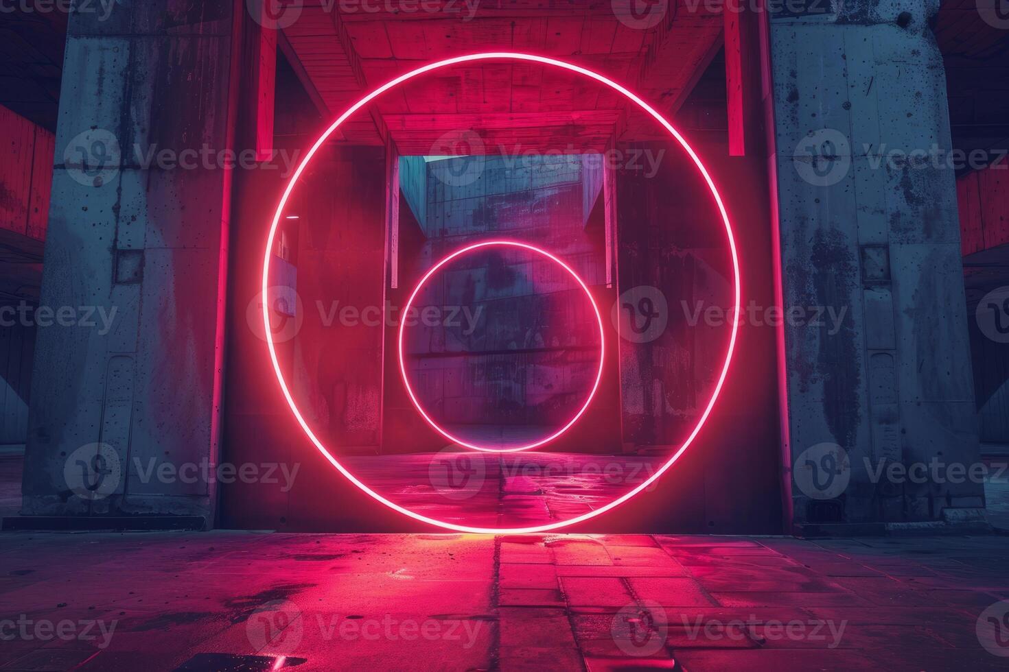 Neon pink circles in an industrial setting, creating a striking contrast of colors and textures photo