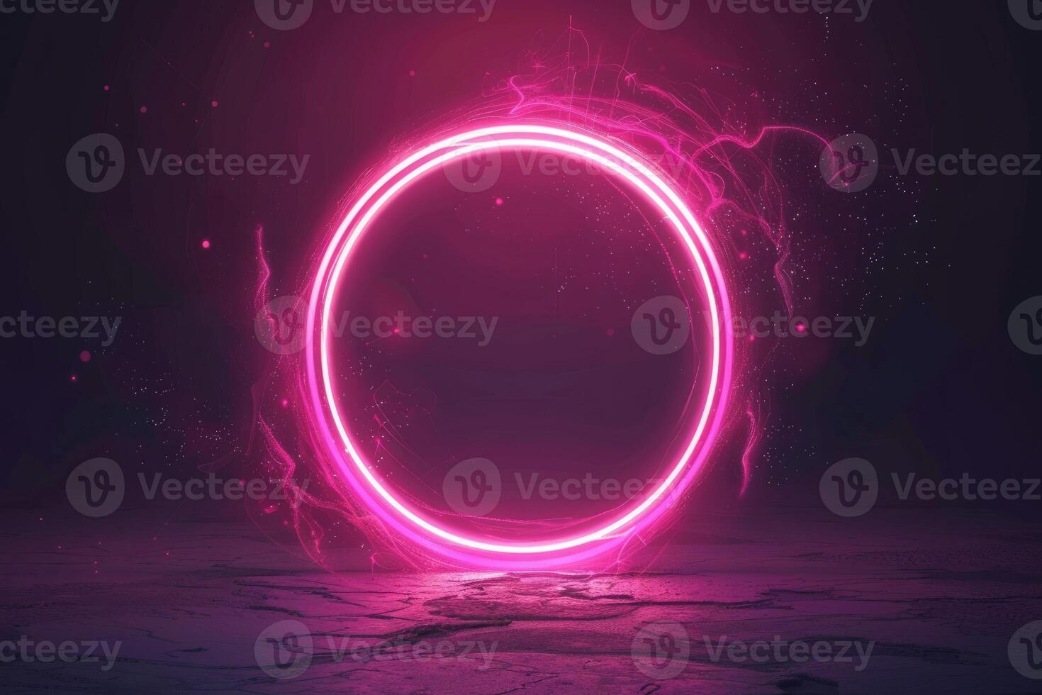 Glowing pink neon circle with electric sparks on a dark background, creating a futuristic vibe photo