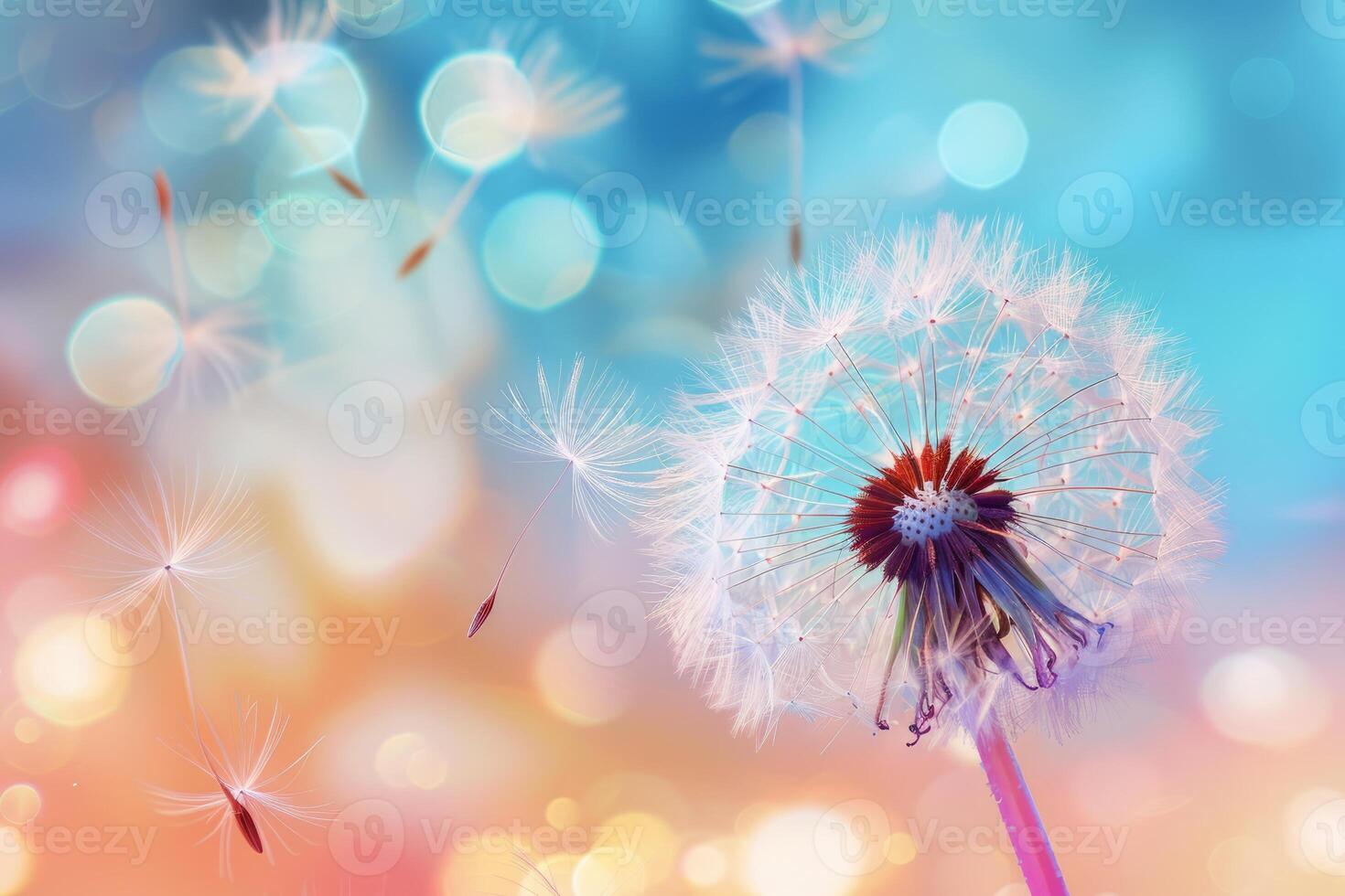 Dandelion seeds floating in the air with a colorful background photo