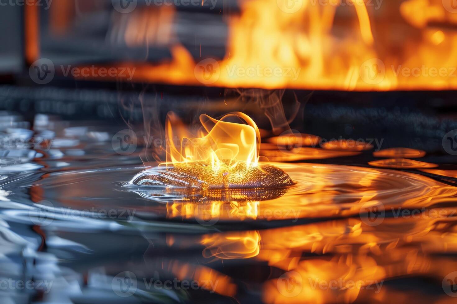Glass melting with flames and molten glass on a reflective surface photo