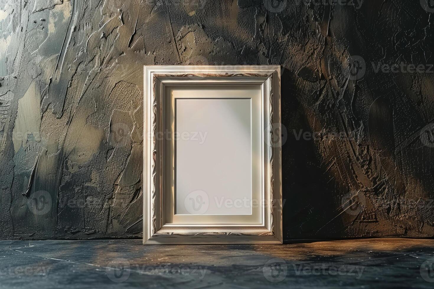 Elegant empty picture frame on a textured dark wall photo