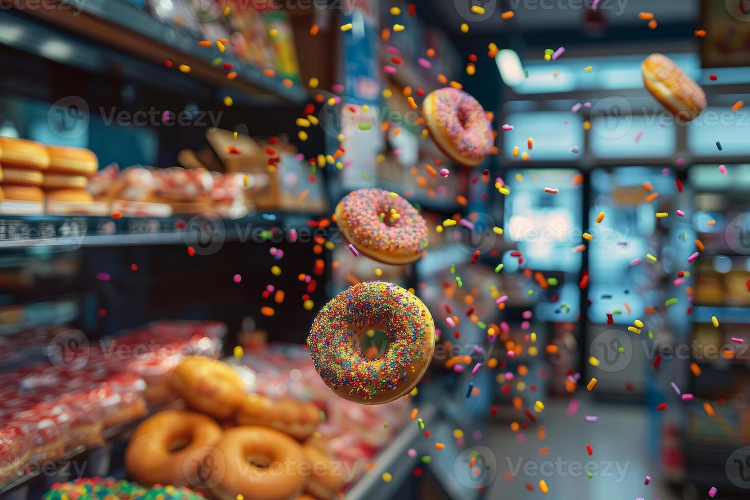 Colorful donuts with sprinkles floating in a bakery shop photo