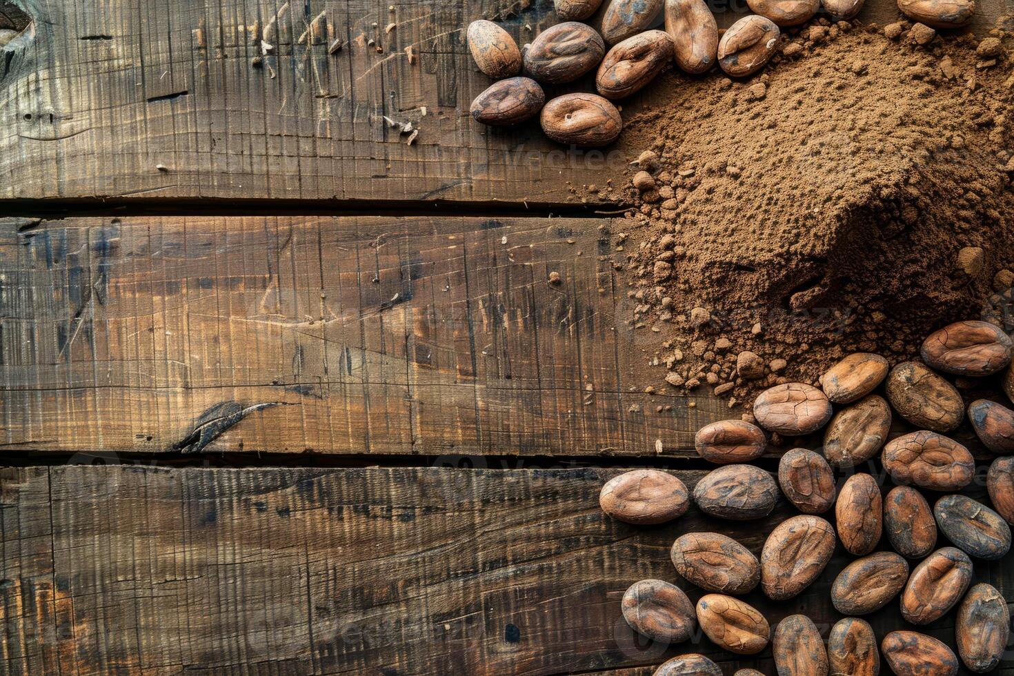 Cocoa beans and cocoa powder on a wooden table photo