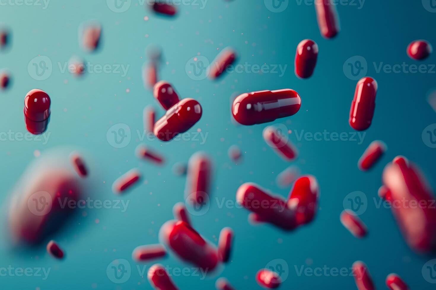 Falling red drug capsules on a blue background, creating a dynamic and vibrant medical scene photo