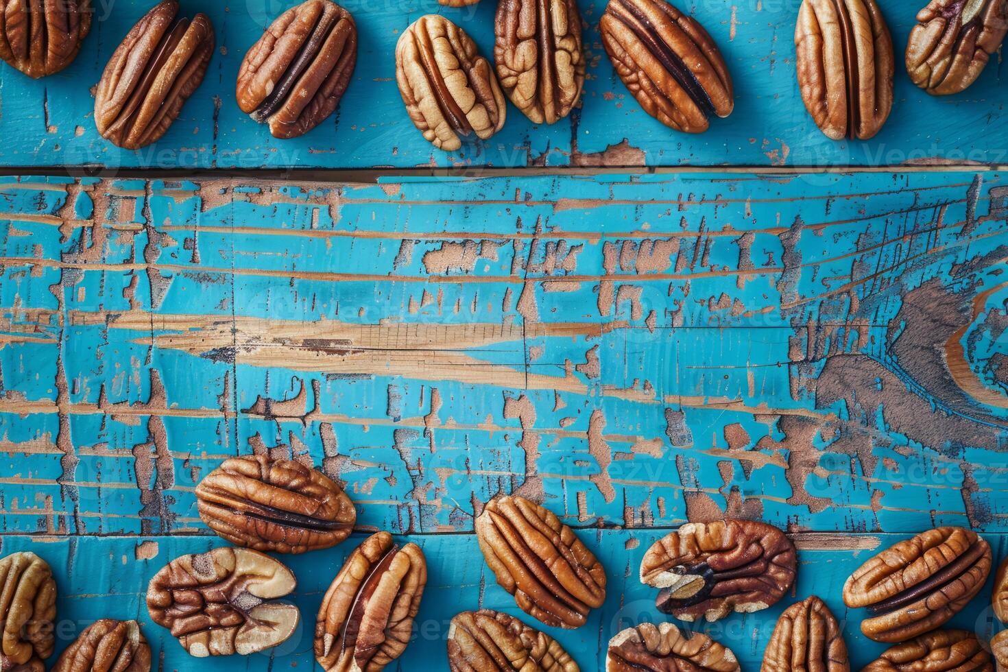 Pecans scattered on a rustic blue wooden surface photo