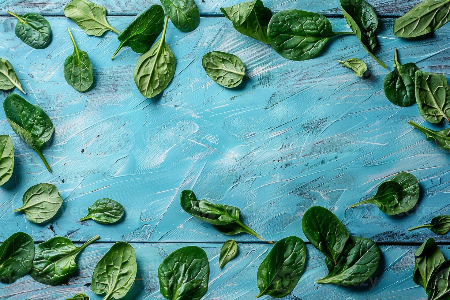 Spinach leaves scattered on a blue wooden background, showcasing freshness and vibrant green color photo