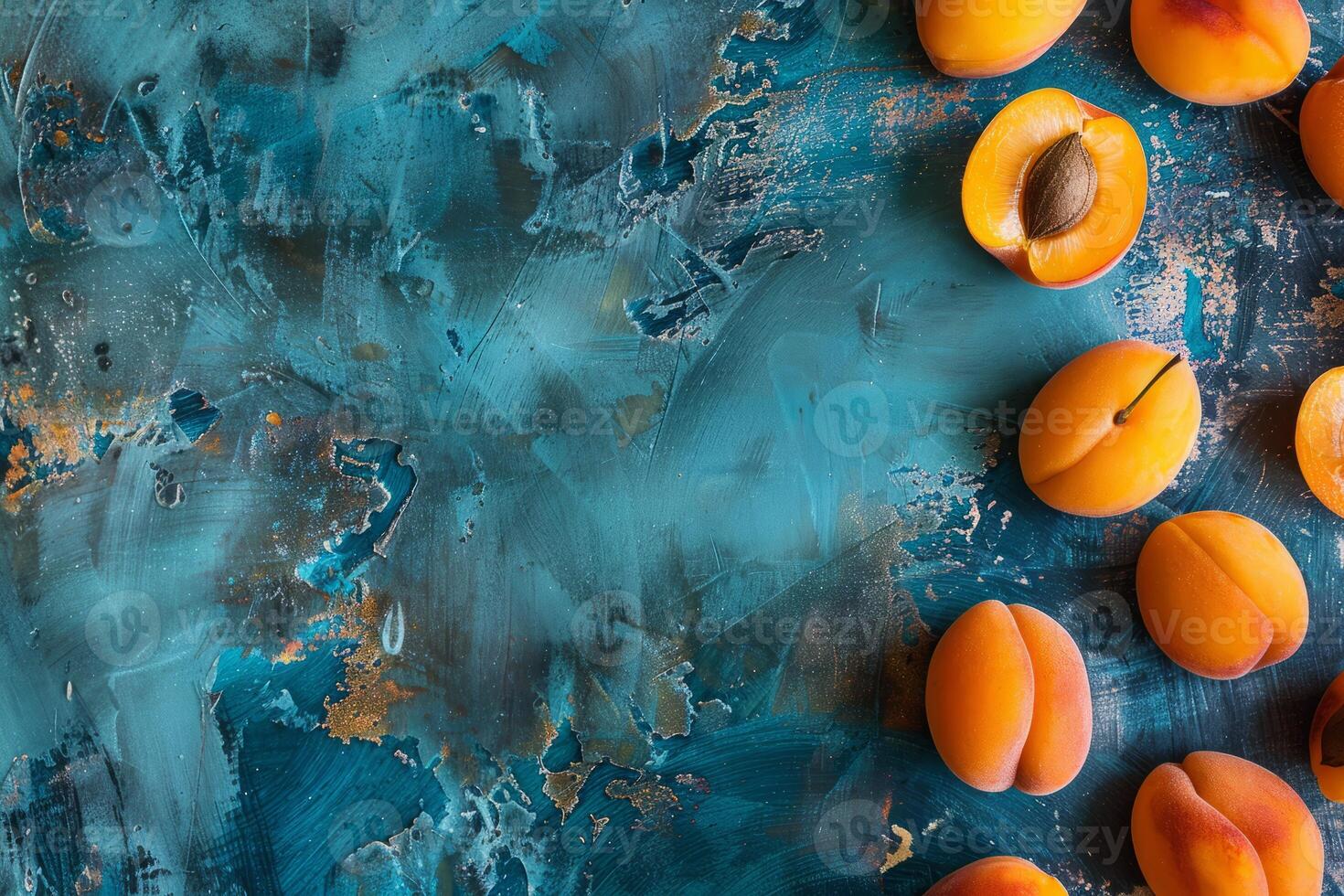 Apricots on a textured blue surface, top view photo