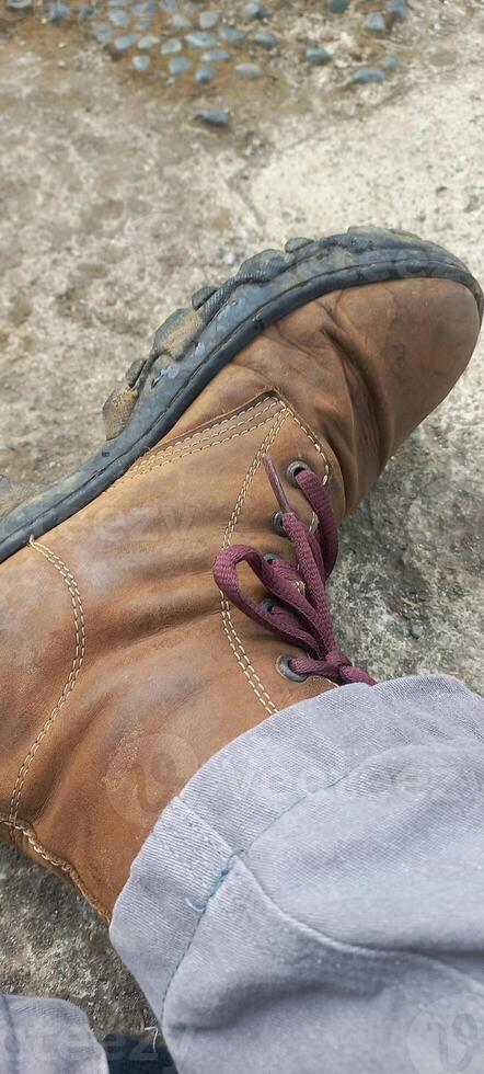 Photo of one brown shoe.