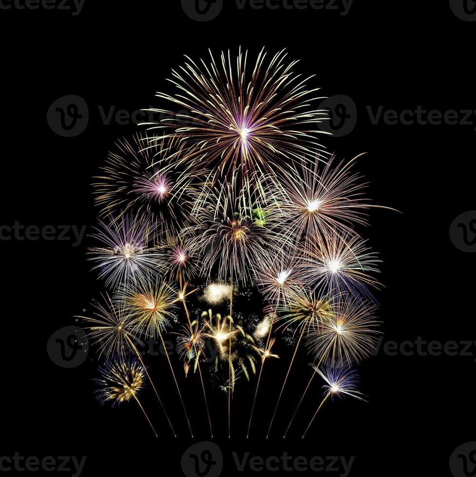 Fireworks of various colors and shapes burst in night sky photo