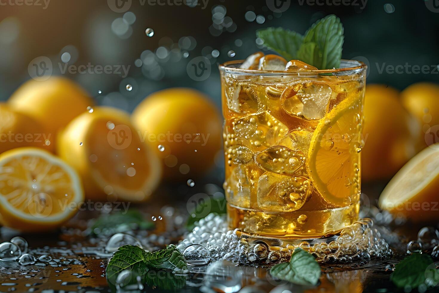 Refreshing Lemon Iced Tea with Mint Leaves and Ice in Vibrant Summer Setting - Perfect for Drink Posters or Beverage Advertising photo