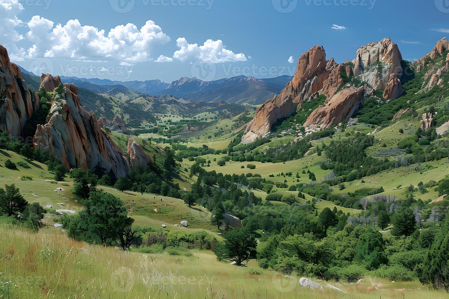 Scenic Mountain Landscape in Summer - Rocky Mountains, Lush Greenery, Clear Blue Sky photo