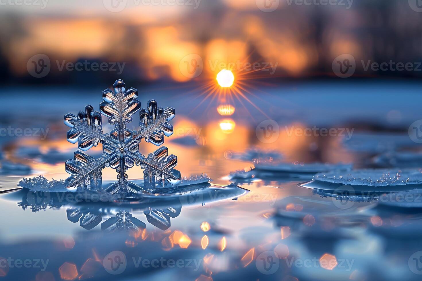 Winter Solstice Sunset with Glittering Snowflake Close-Up on Frozen Lake - Inspirational Nature Scene for Poster or Card Design photo